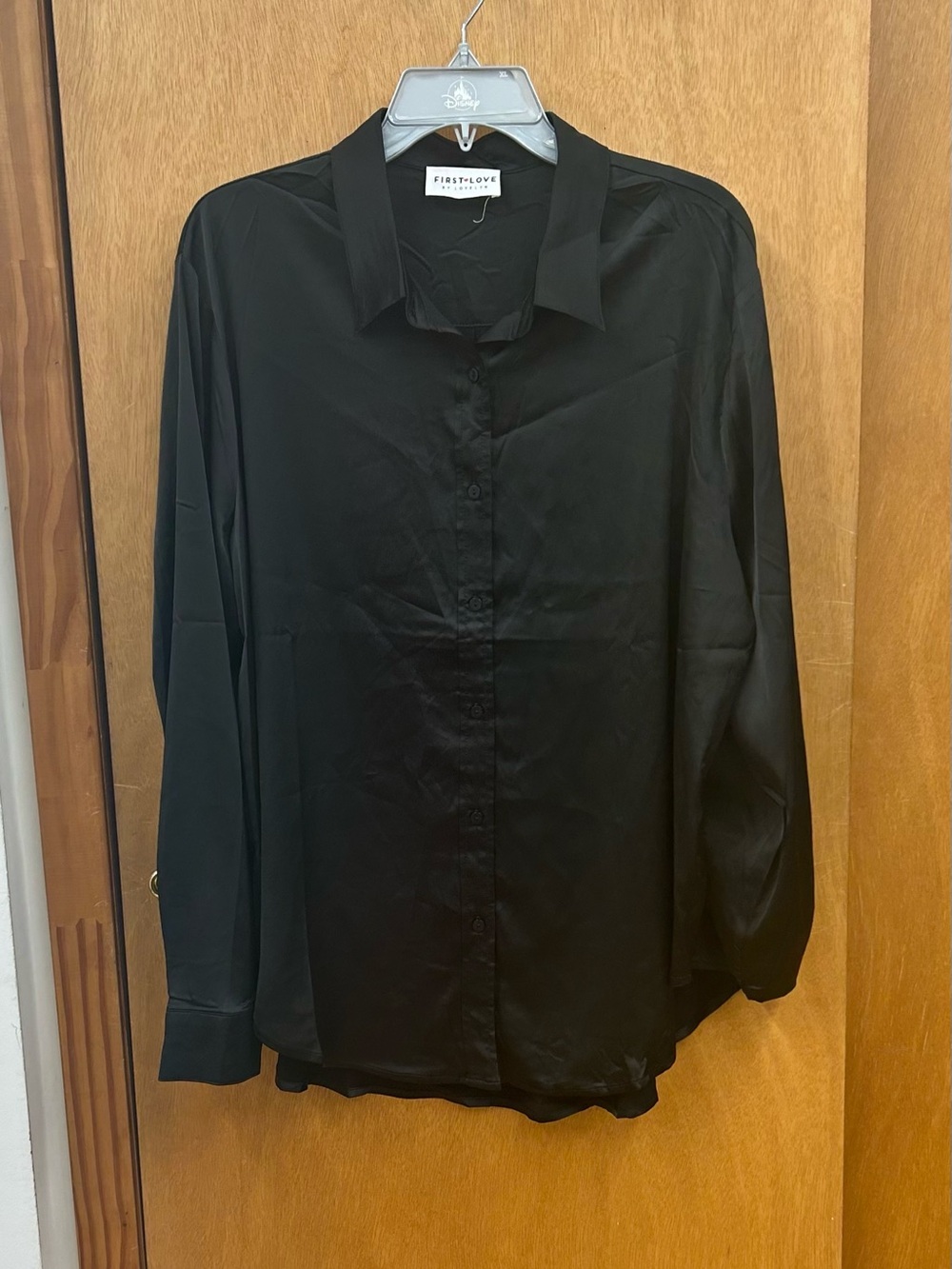 New First Love by Lovelyn Stretch Charmeuse Black Long-Sleeve Button-Up Shirt 1X